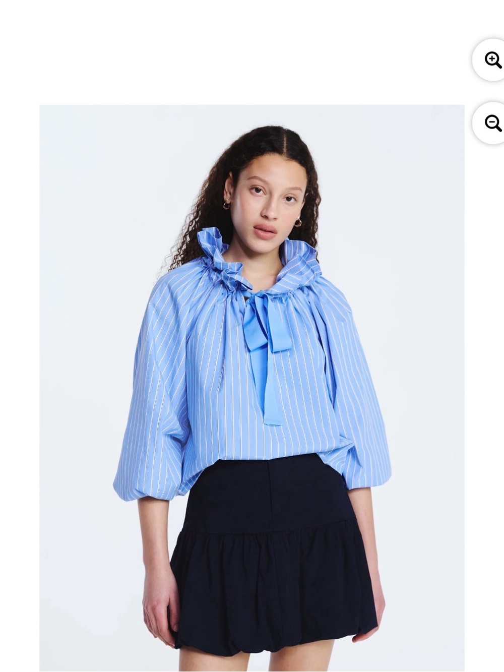 Light Blue Pinstripe Ruffled Bow Blouse - Women